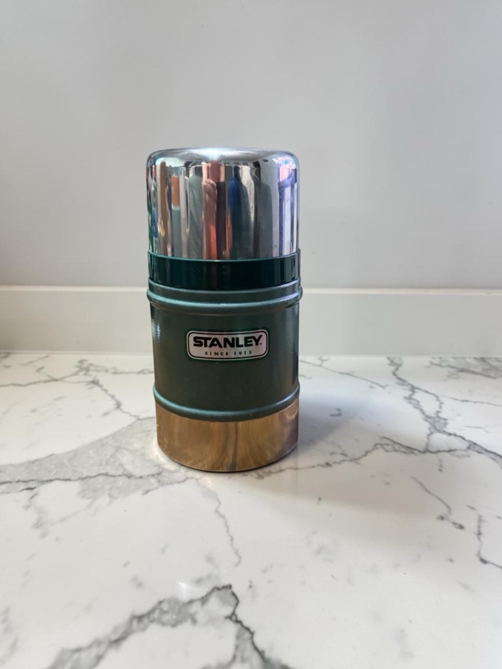 Vintage Stanley Green and Silver Insulated Food Jar with Brass Accent